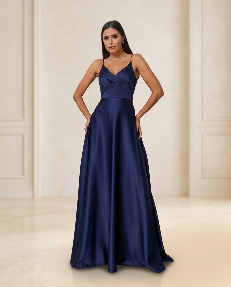 Vestido de fiesta Morin en raso y tirantes espagueti , espalda descubierta