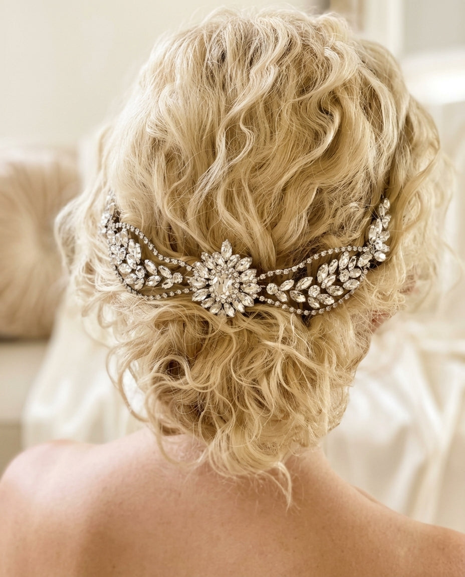 Tocado Ambar alargado con brillos y pedrería para moño o cabello tomado