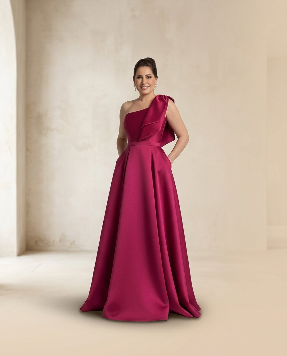 Vestido de fiesta Daisy asimétrico en raso y con lazo en el hombro