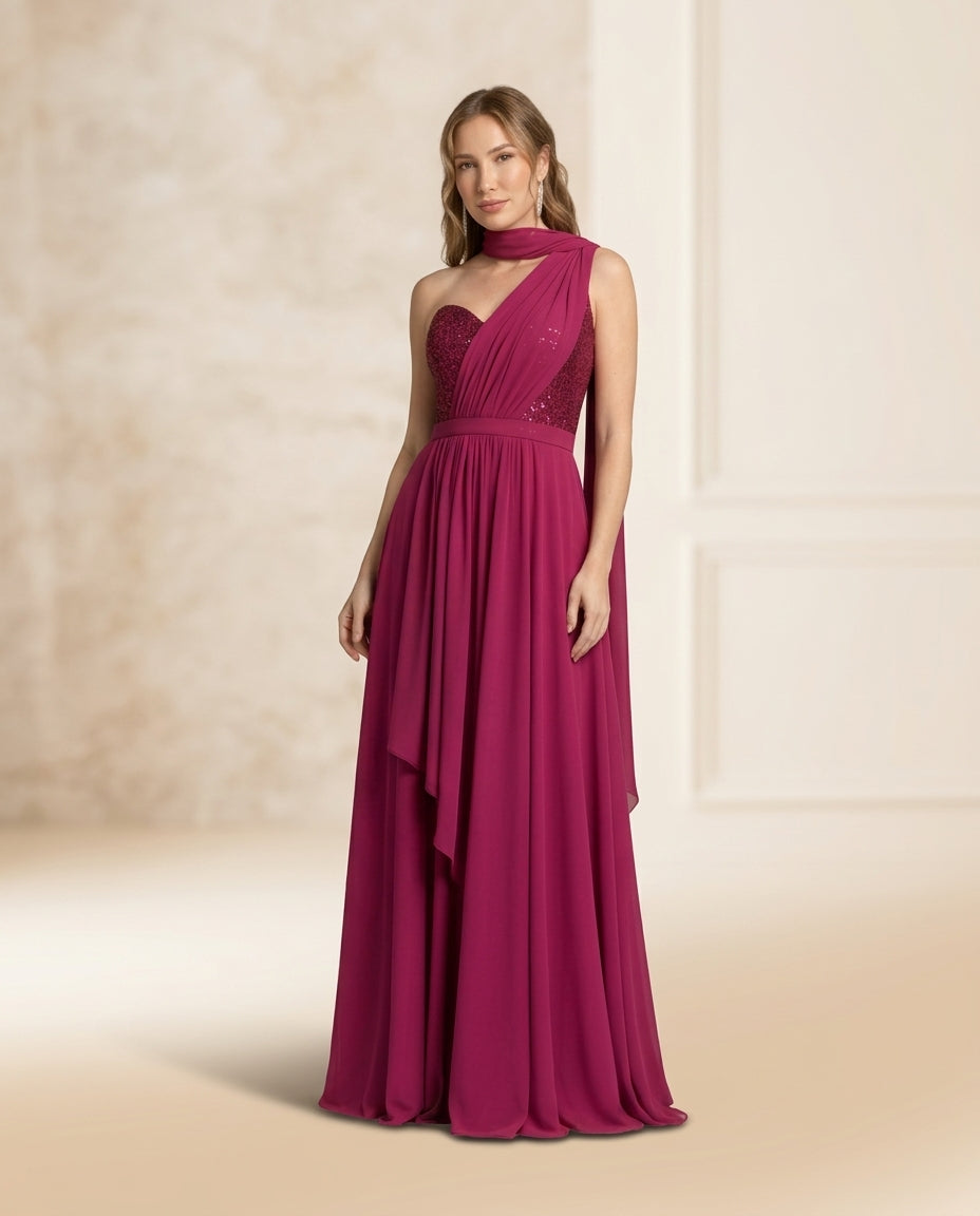 Vestido de fiesta Carolina asimétrico y con alita aplicación de brillo sutil