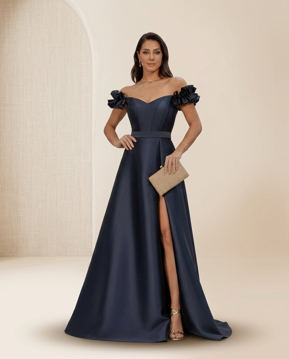 Vestido de fiesta Brenda mangas dior , falda evasé y escote corazon