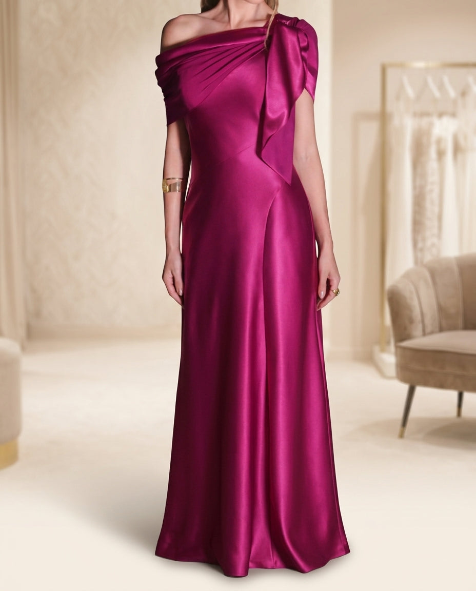 Vestido de fiesta Silvana en color fucsia y lazo elegante caída liviano