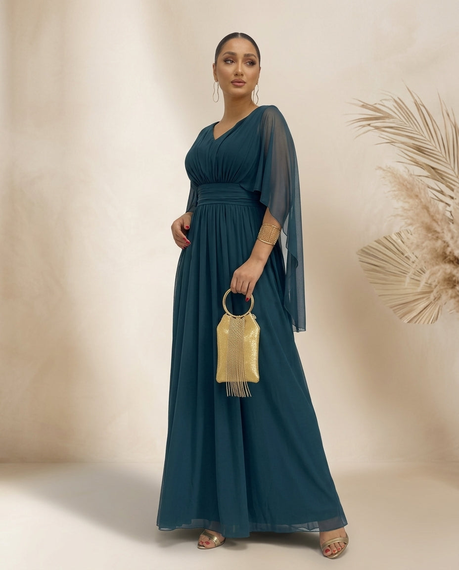 Vestido de fiesta Gaby ,drapeado en la cintura y manga ala muy liviano