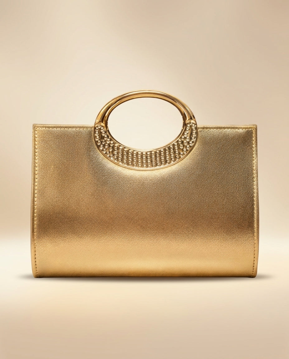 Bolso de fiesta Dore star en tonos dorados y aplicaciones brillantes con mango y cadena para colgar