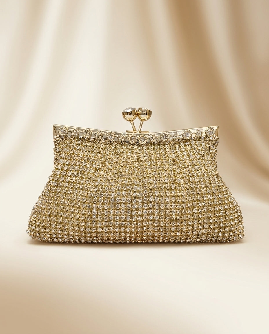 Clutch de fiesta glitter dorado con pedrería y cadena para colgar