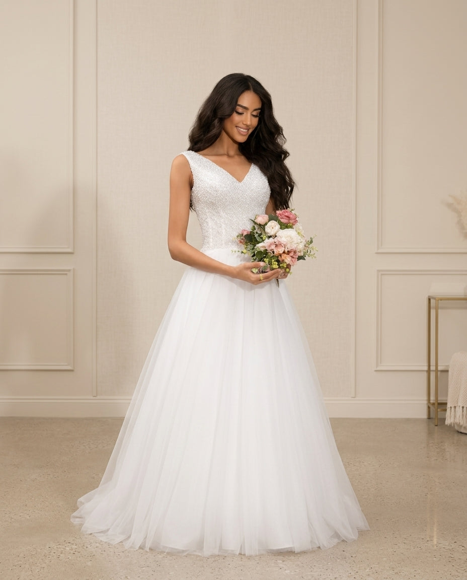 Vestido de Novia  Vanda Tul con Brillo Sutil en el Torso – Línea A Elegante y Romántico