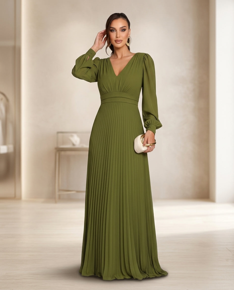 Vestido de fiesta Yazmin falda plisada y mangas largas