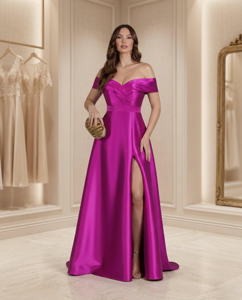 Vestido de fiesta Isidora tela satinada y hombros descubiertos