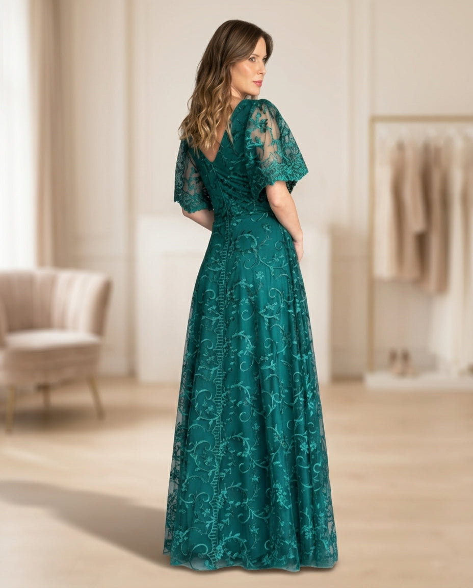 Vestido de fiesta María en tela bordada y mangas acampanadas