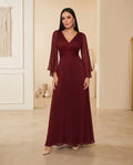 Vestido de fiesta Sonia con mangas y escote en V muy liviano , elegante, brillo sutil