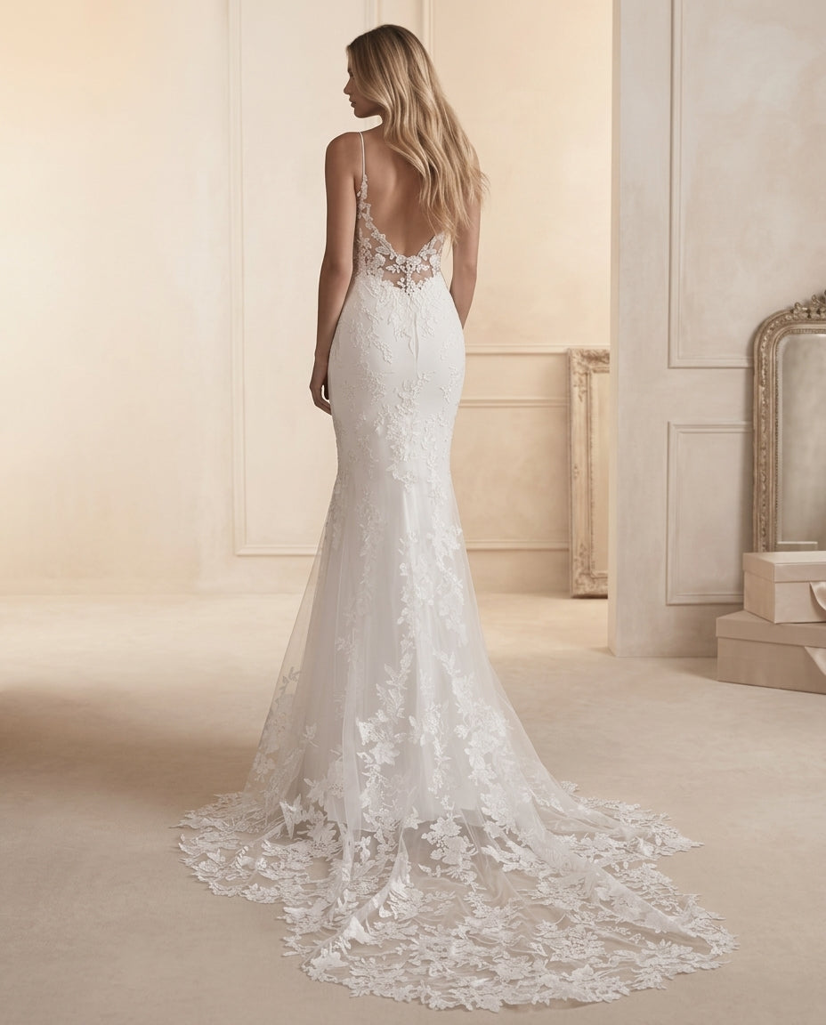 Vestido de novia Ferny sirena con encaje floral y cola bordada