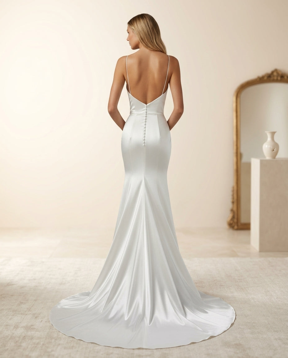 Vestido de novia Amalia sirena con escote profundo y tirantes delicados