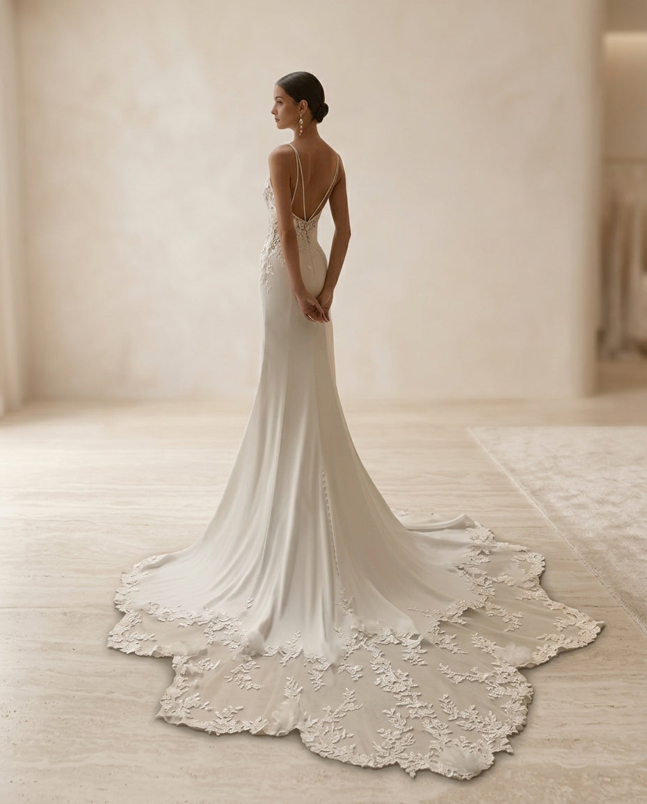 Vestido de novia Darling sirena con escote bordado y cola de encaje elegante