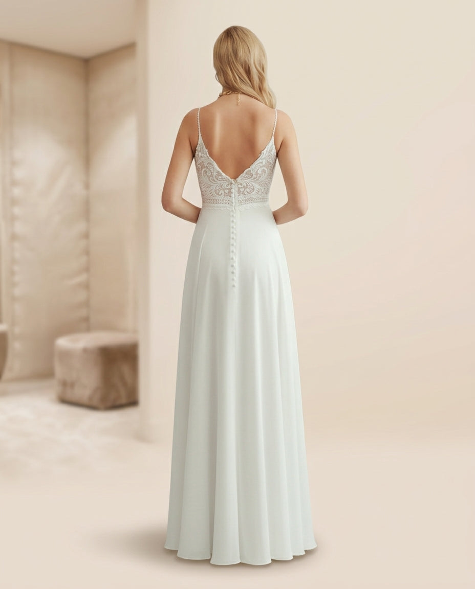 Vestido de novia Allison, liviano, vaporoso y de elegante sencillez