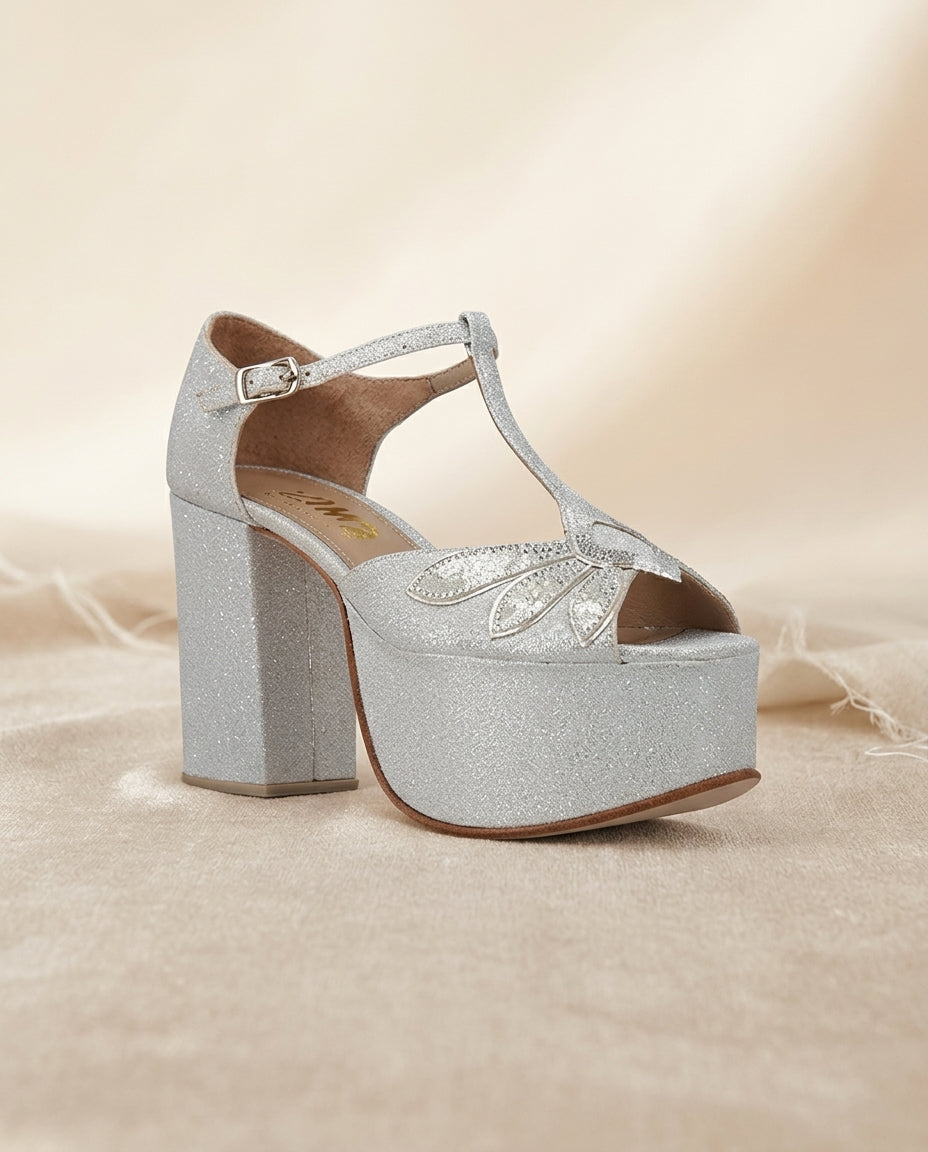 Sandalia de cuero para novia y fiesta Caléndula Calliari,Tacón 11 cms y plataforma 5,5 cms procedencia Argentina