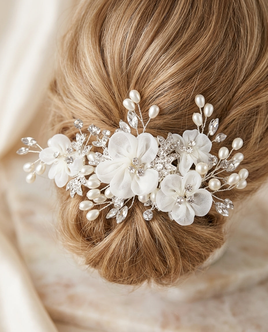 Tocado de cabello Edy en flores de tela y toques de perlas ,color plateado