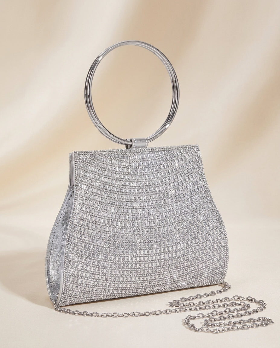 Bolso de fiesta Platino en tonos plateados con mango y cadena para colgar