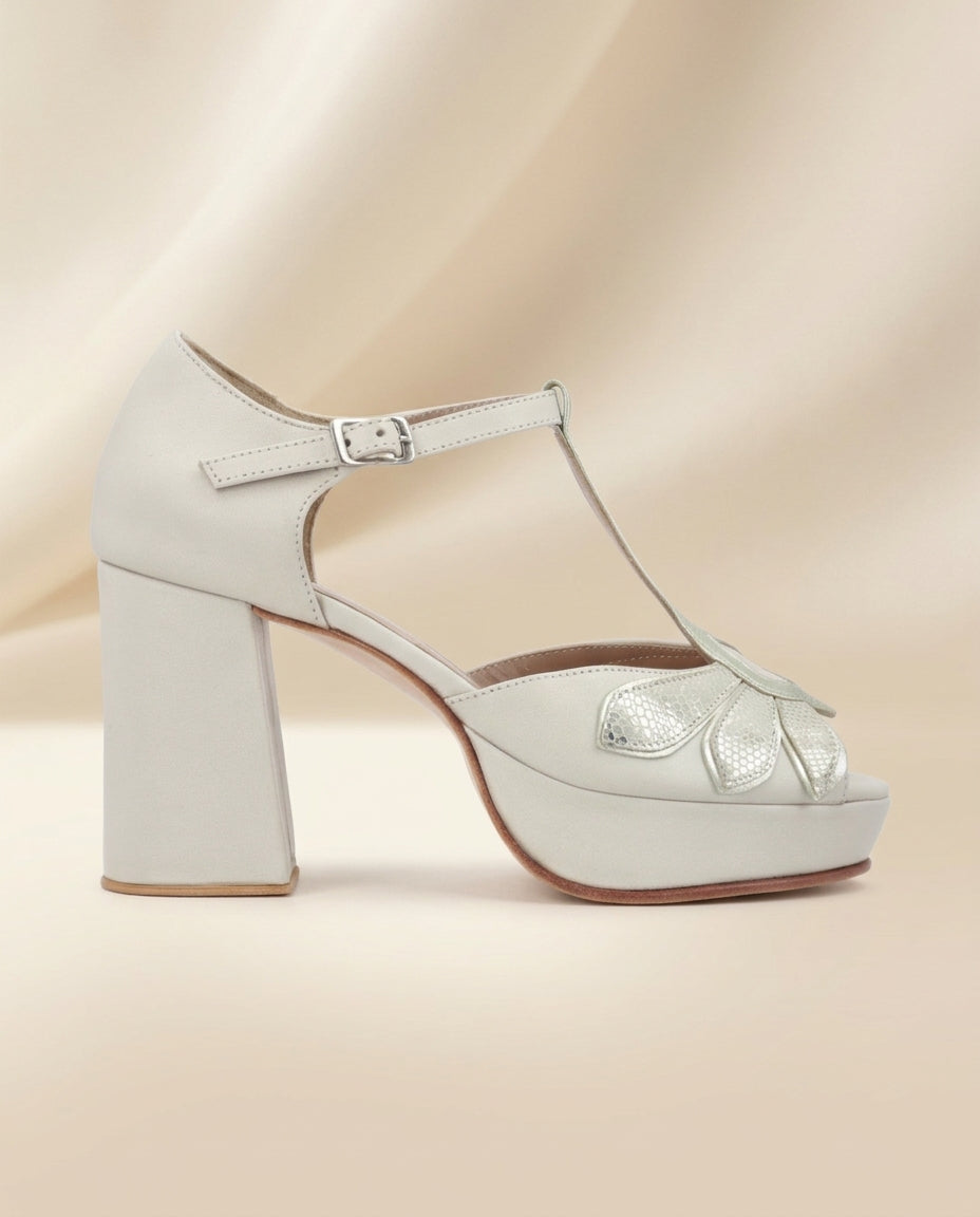 Sandalia de cuero para novia y fiesta Caléndula Alex, taco 9,5 cms y plataforma de 2 cms procedencia Argentina