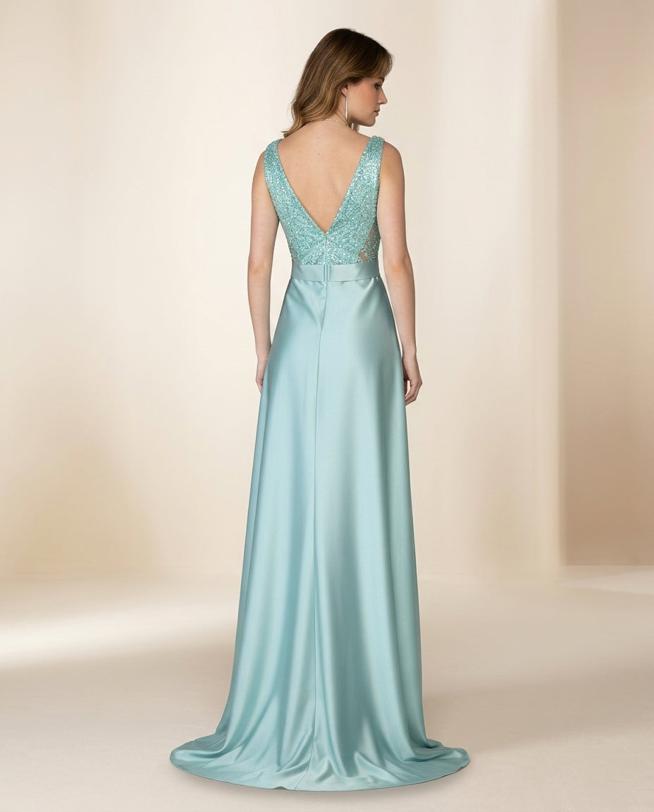 Vestido de fiesta Monic con falda en raso y brillo superior