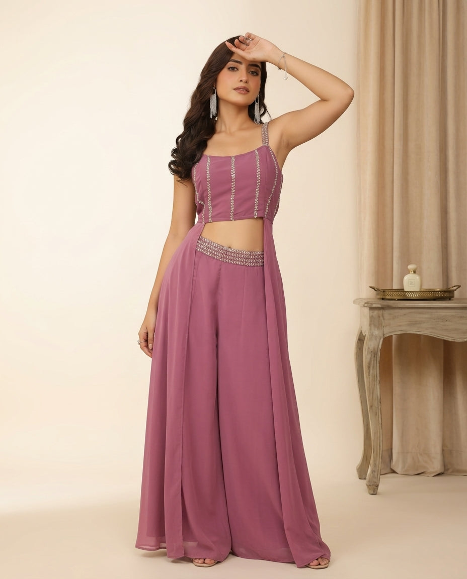 Traje de fiesta Bohemio color malva con aplicaciones y strapless