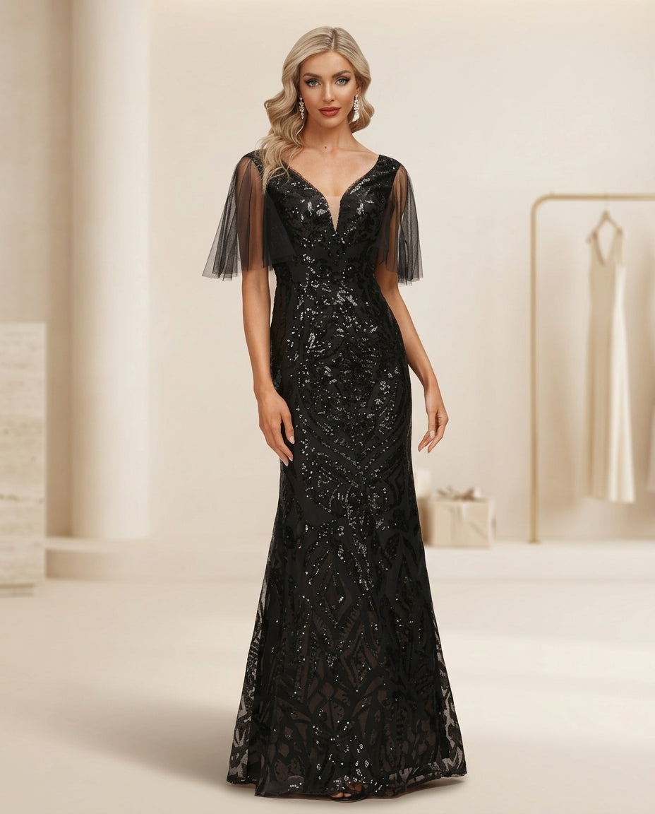 Vestido de fiesta Marion  color negro en lentejuelas y manga capa tul ,estilo semi sirena talla 40