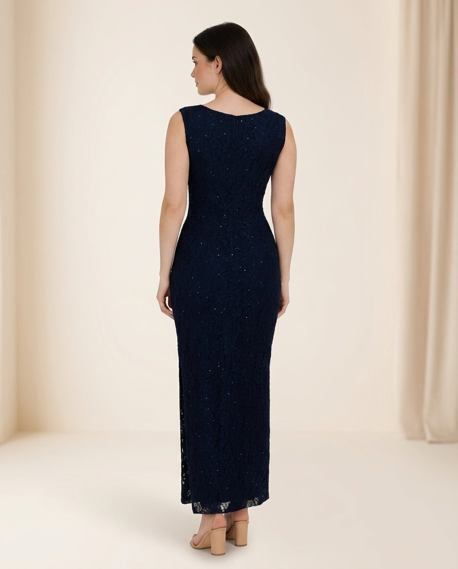 Vestido de fiesta Rosana en encaje y brillo leve ,color azul talla 44