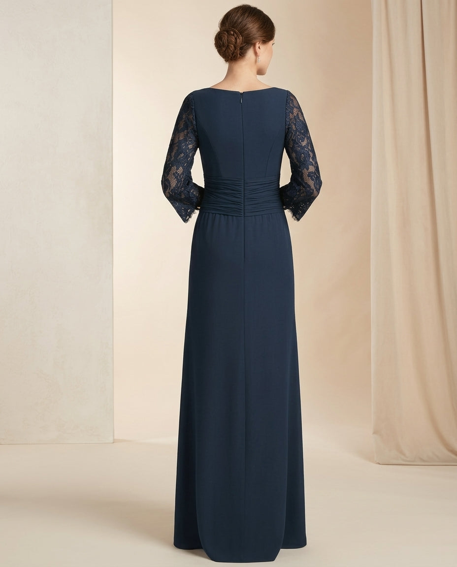 Vestido de fiesta Melania con mangas largas en elegante  encaje y corte drapeado en la cintura