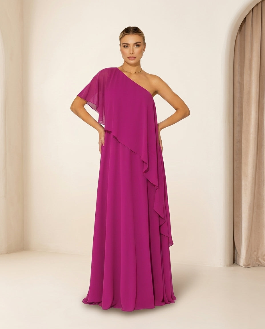 Vestido de fiesta Tribu con volantes en piso y hermosa asimetría muy liviano