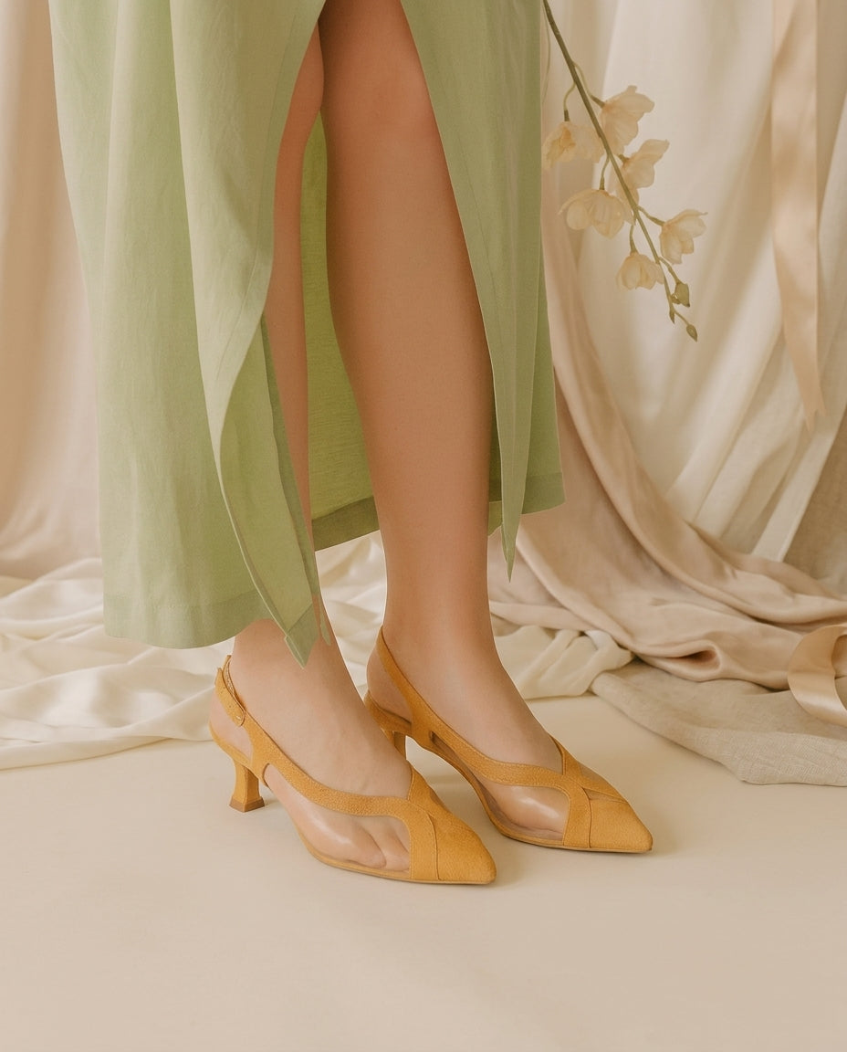 Sandalia de gamuza para fiesta Transparente, taco 4 cms procedencia España