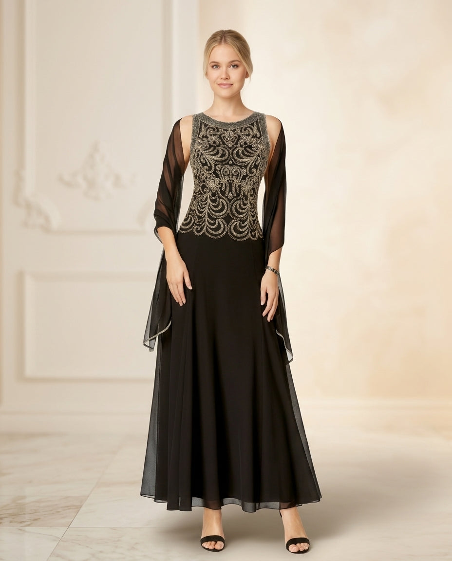 Vestido de fiesta Marinier con aplicaciones superiores en plata y dorado y falda en gasa vaporosa