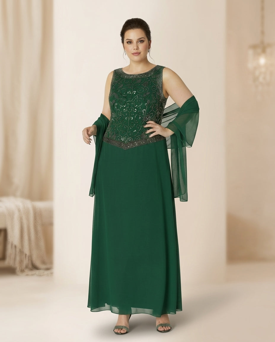 Vestido de fiesta Brigitte con brillo superior y falda en gasa y echarpe