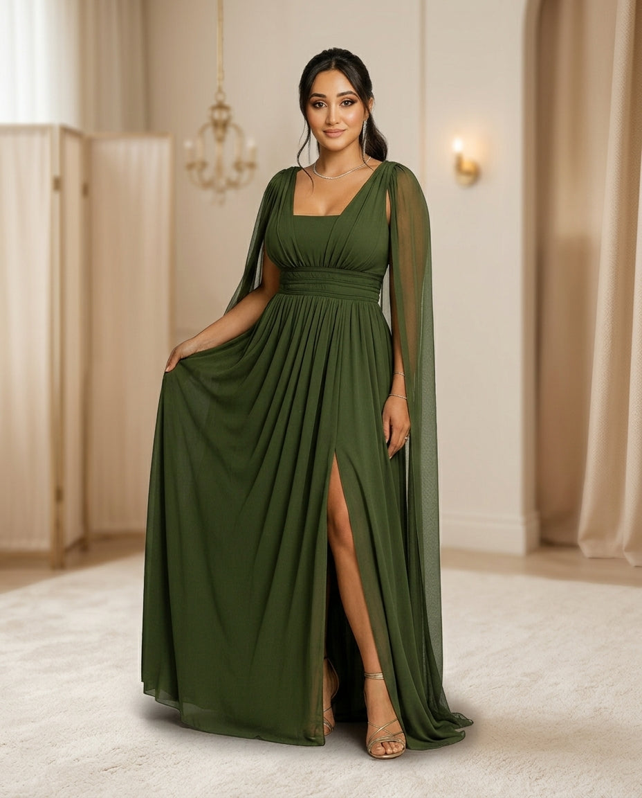 Vestido de fiesta Elisa  con manga ala y trenzado en la cintura