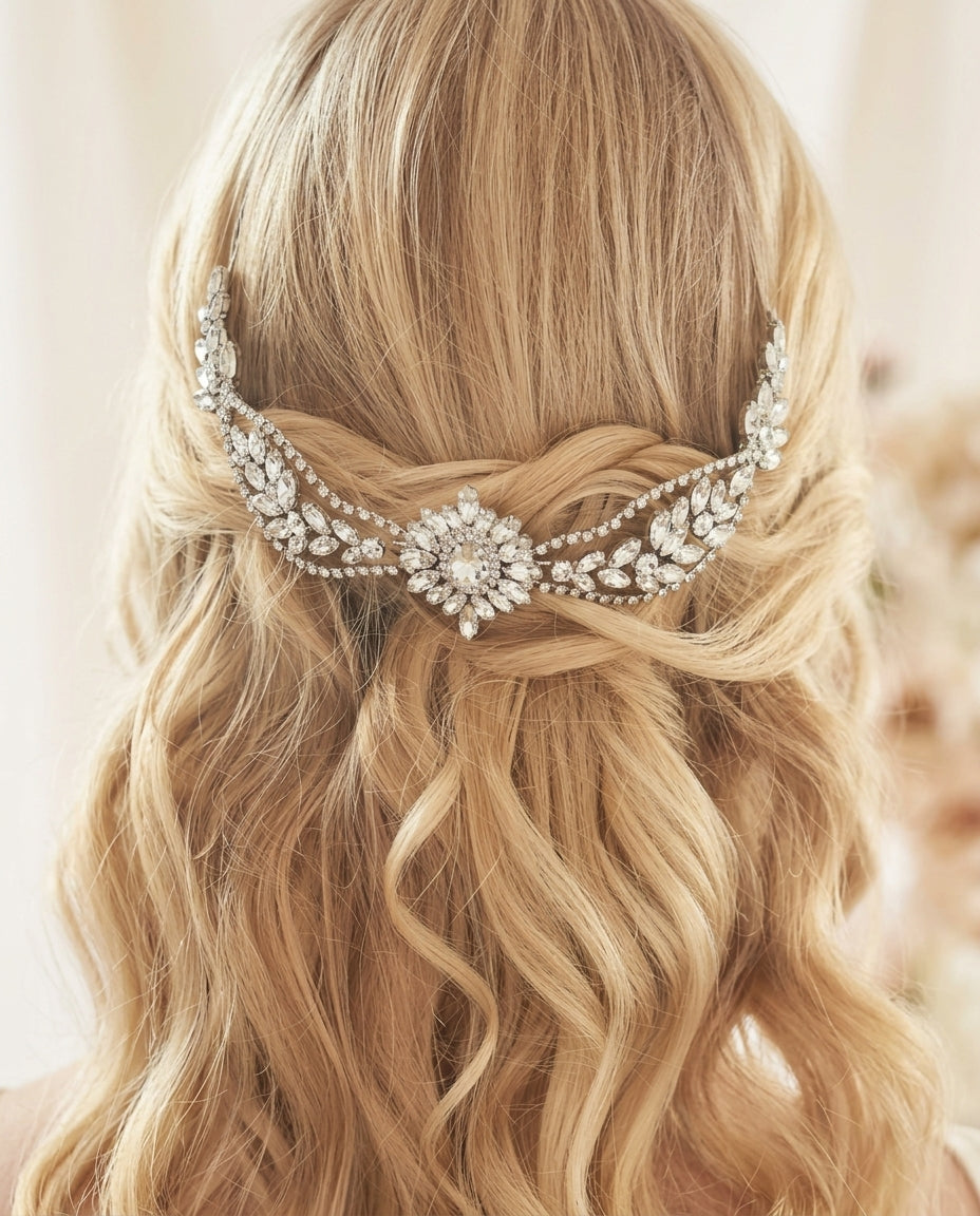Tocado Ambar alargado con brillos y pedrería para moño o cabello tomado