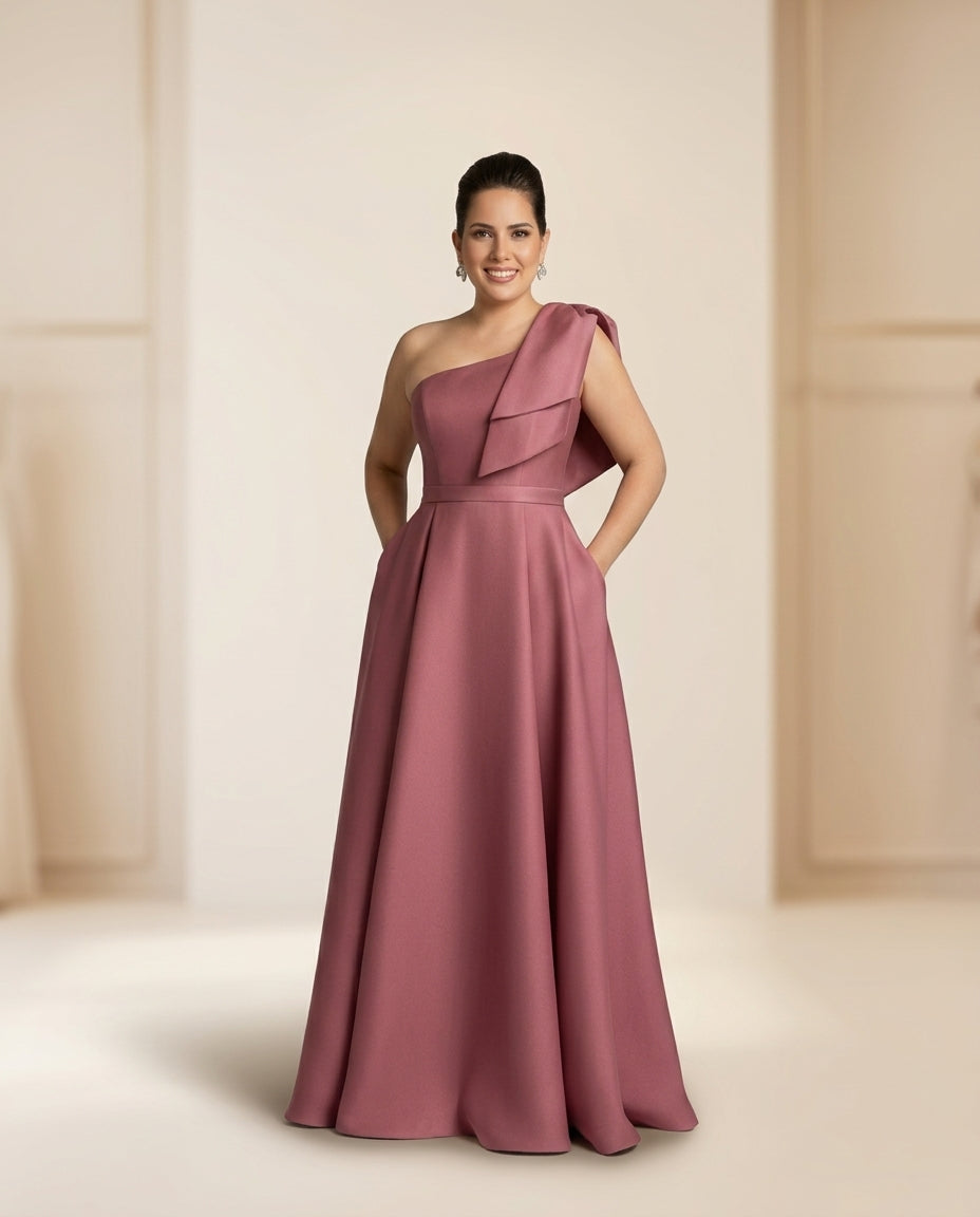 Vestido de fiesta Daisy asimétrico en raso y con lazo en el hombro