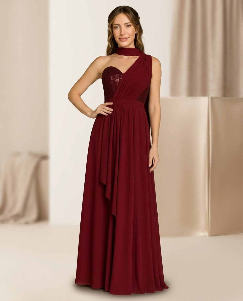 Vestido de fiesta Carolina asimétrico y con alita aplicación de brillo sutil