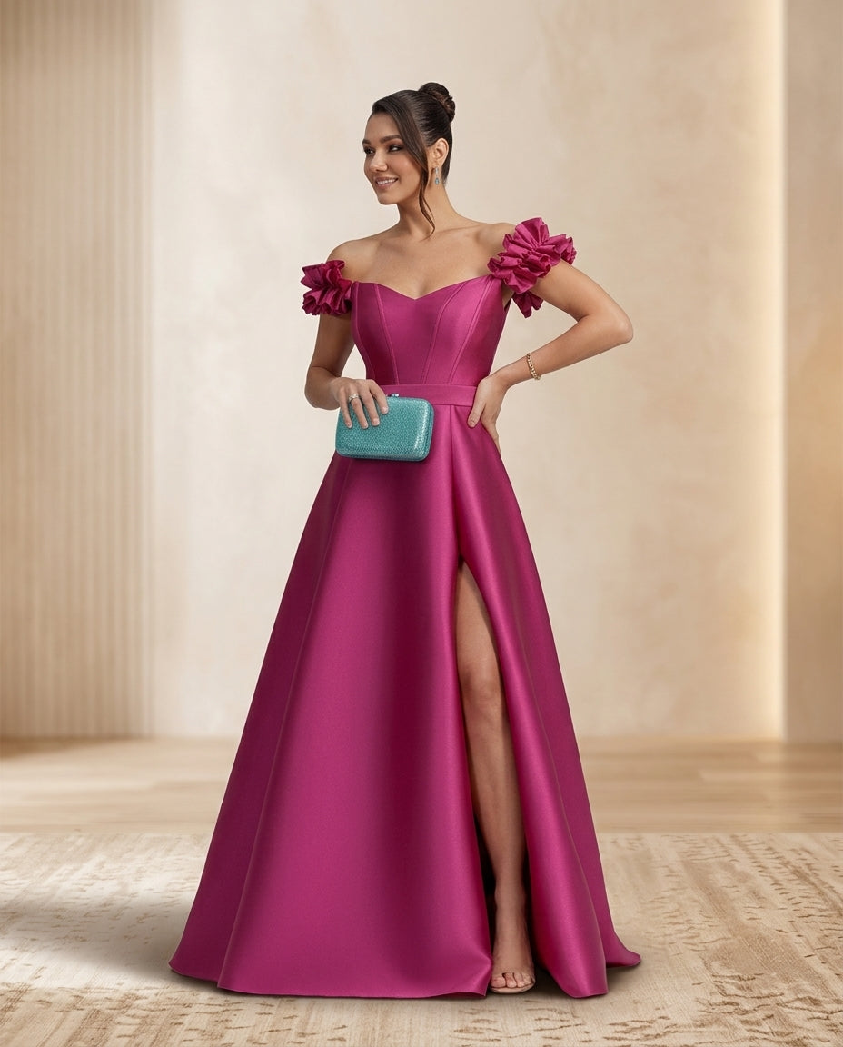 Vestido de fiesta Brenda mangas dior , falda evasé y escote corazon