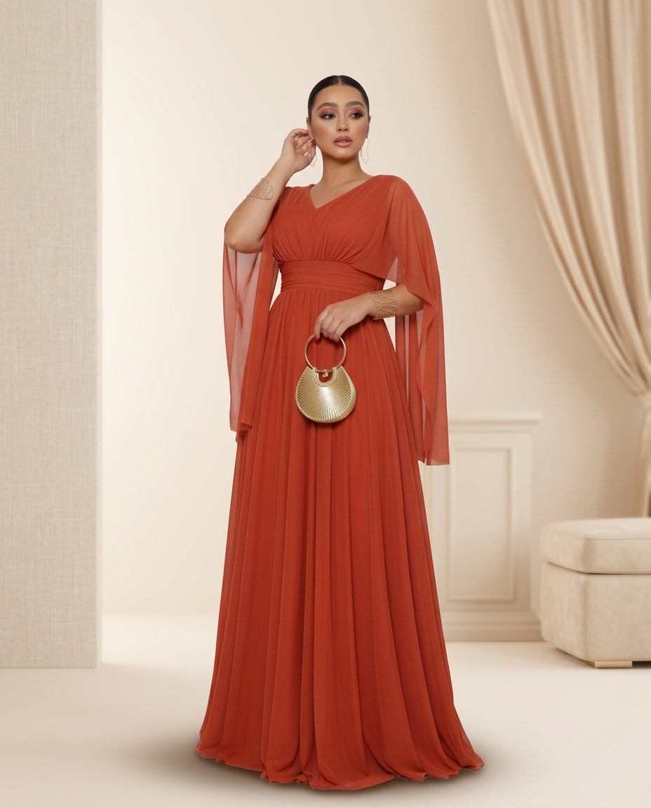 Vestido de fiesta Gaby ,drapeado en la cintura y manga ala muy liviano