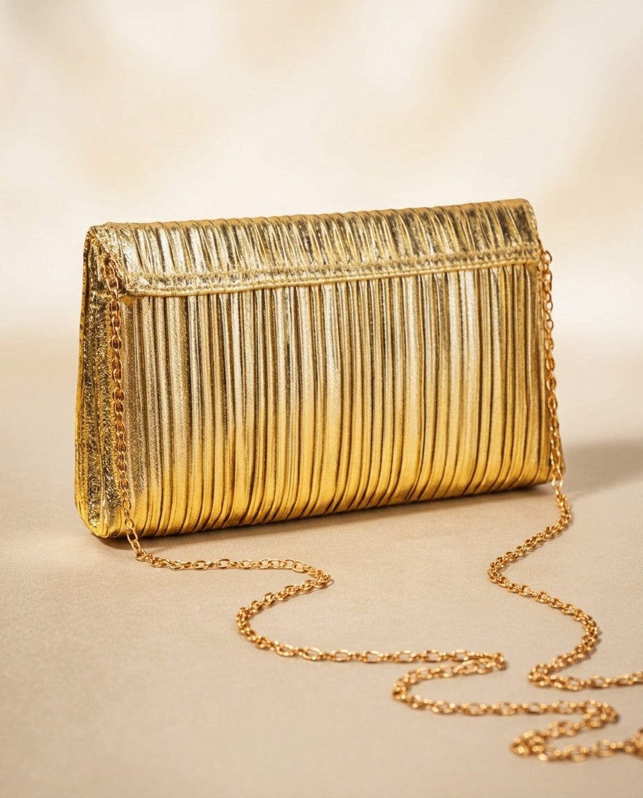 Clutch de fiesta Premium dorado con  cadena para colgar
