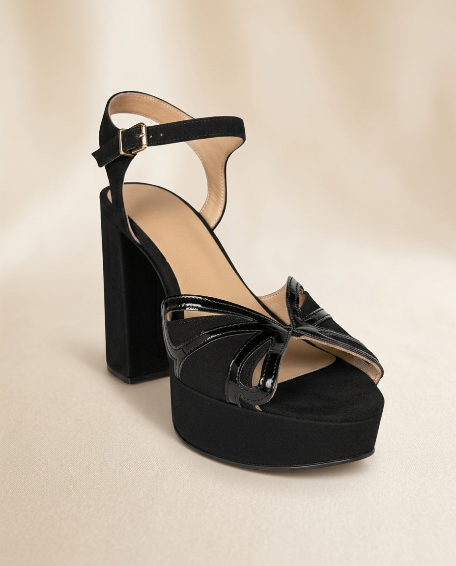 Sandalia de cuero para fiesta Narciso negro taco 9 cms y plataforma 2 cms, procedencia Argentina