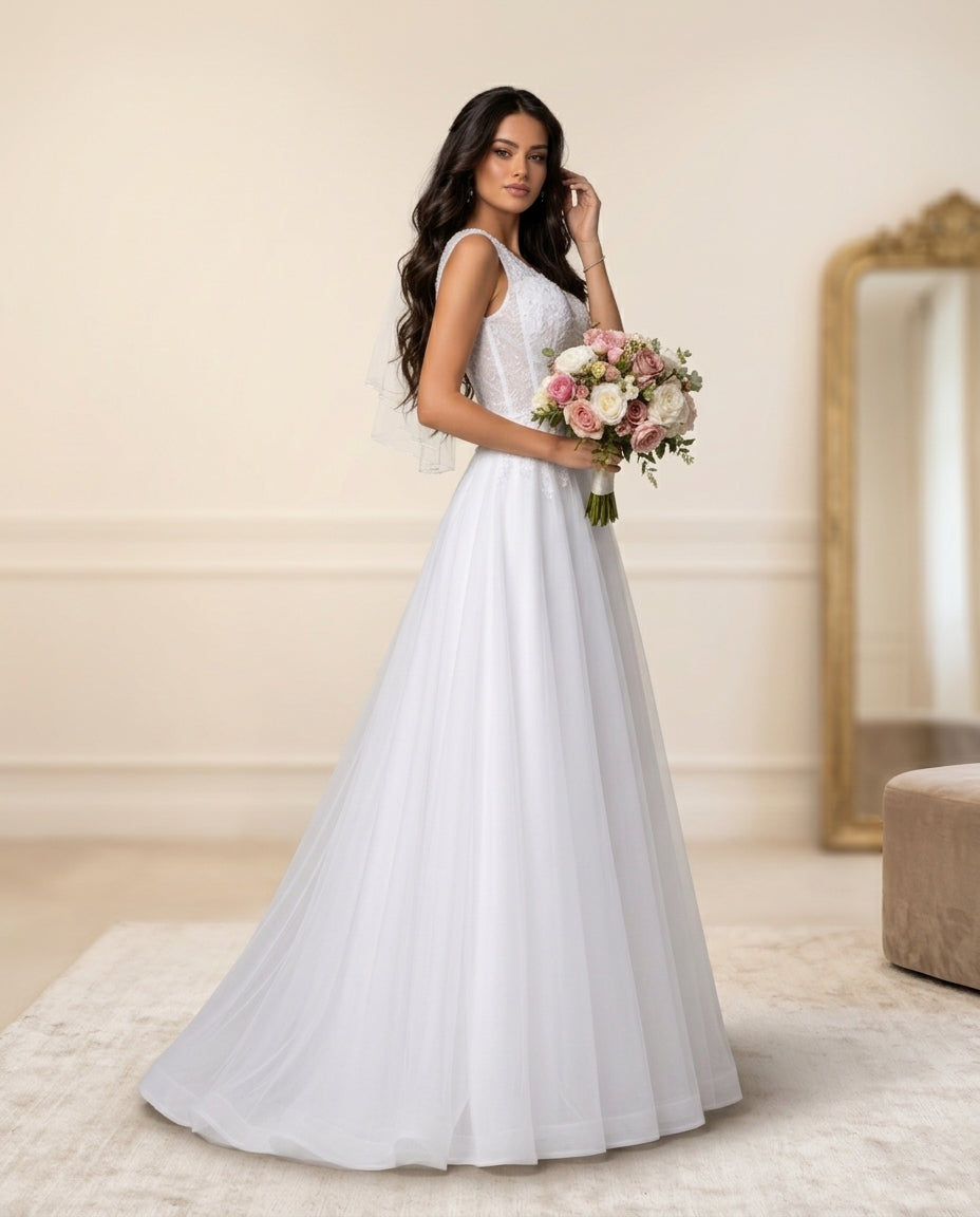 Vestido de Novia  Vanda Tul con Brillo Sutil en el Torso – Línea A Elegante y Romántico