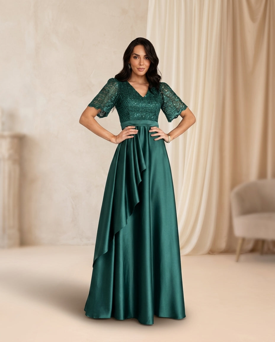 Vestido de fiesta Renata,falda de tela satinada y cuerpo de encaje