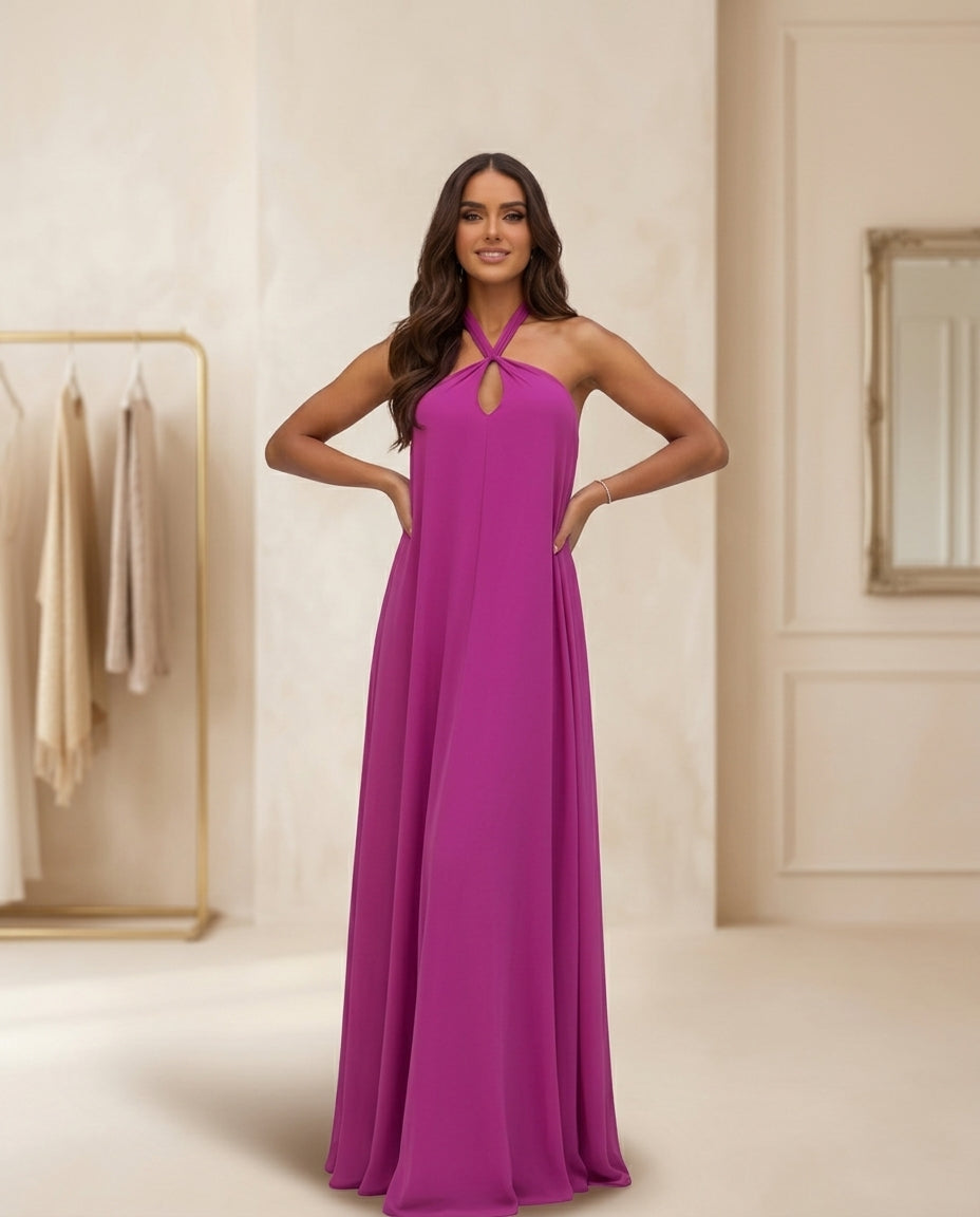 Vestido de fiesta Samantha, cuello halter vaporoso