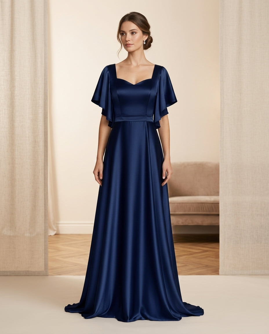 Vestido de fiesta Amanda en raso flex ,mangas y falda en capas