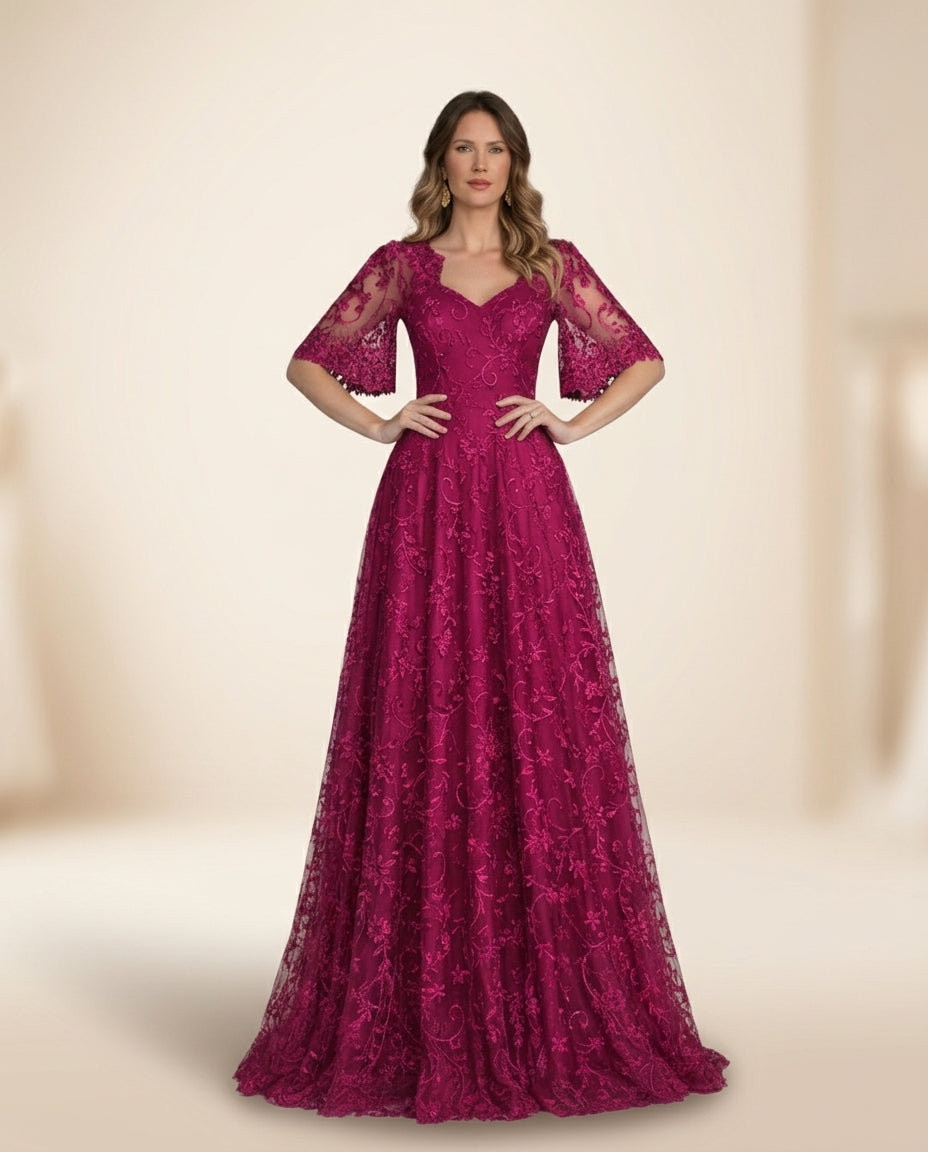 Vestido de fiesta María en tela bordada y mangas acampanadas