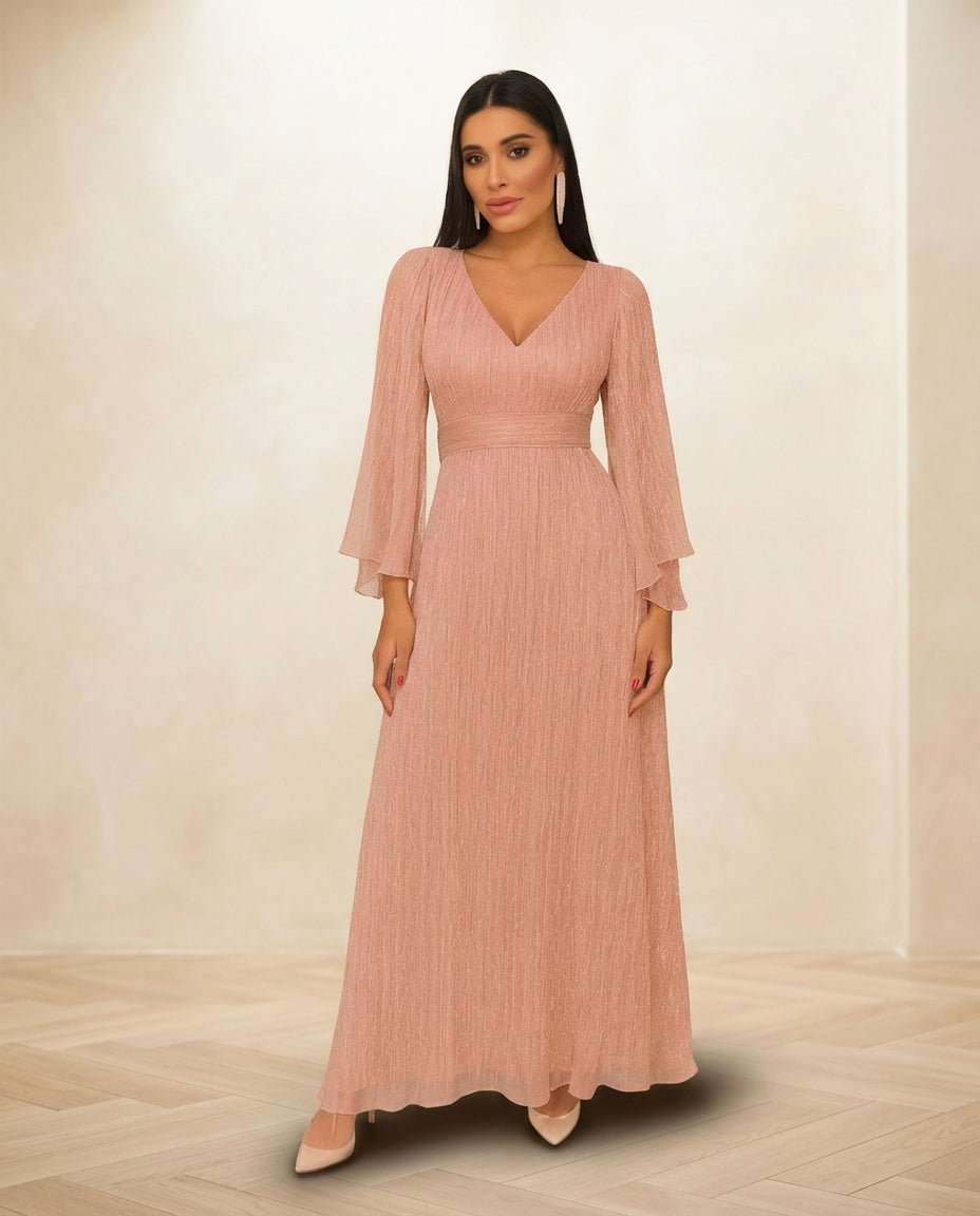 Vestido de fiesta Sonia con mangas y escote en V muy liviano , elegante, brillo sutil