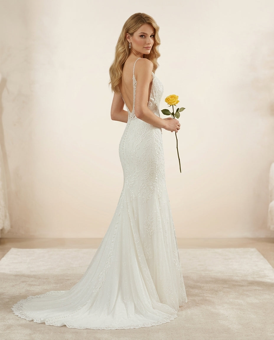 Vestido de novia Anita estilo semi sirena con cola elegante sencillez