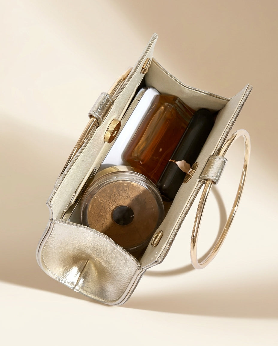 Bolso de fiesta con manilla y cadena para colgar en tono dorado