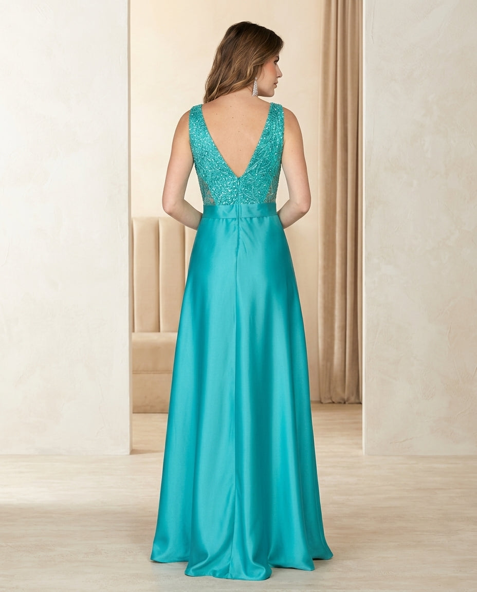 Vestido de fiesta Monic con falda en raso y brillo superior