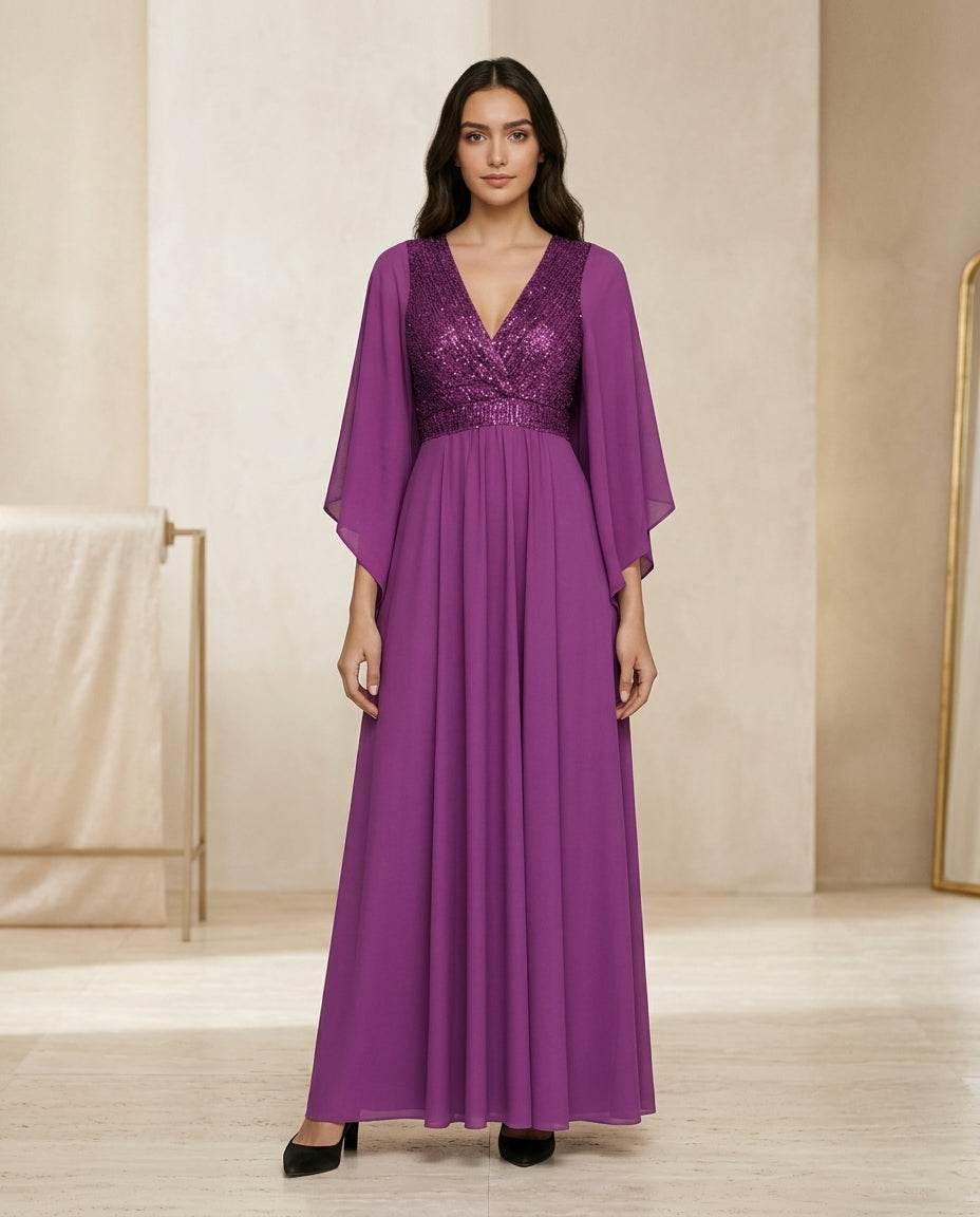 Vestido de fiesta Endora con aplicación sutil en brillo y mangas mucielago