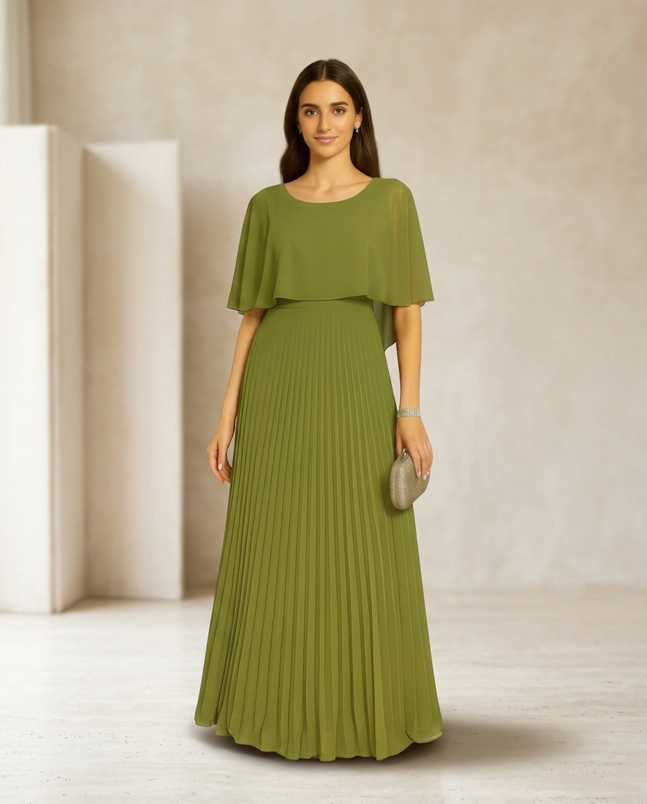 Vestido de fiesta Muriel con capita y falda plisada escote redondo